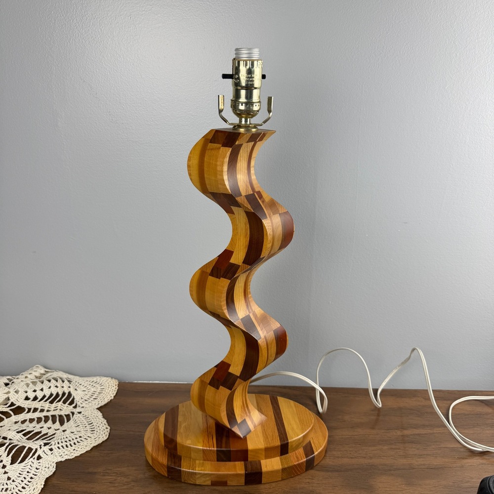 Vintage Wavy Handcrafted Mixed Wood Block Serpentine Table Lamp Base DIY Project